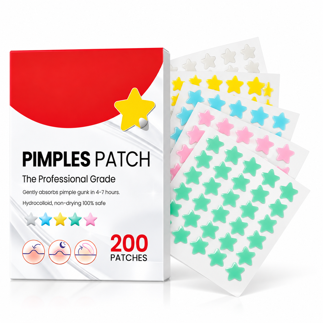 Hydrocolloid pimple patches in a red and white 200-count box beside fanned sheets of colored stars on clean white background.