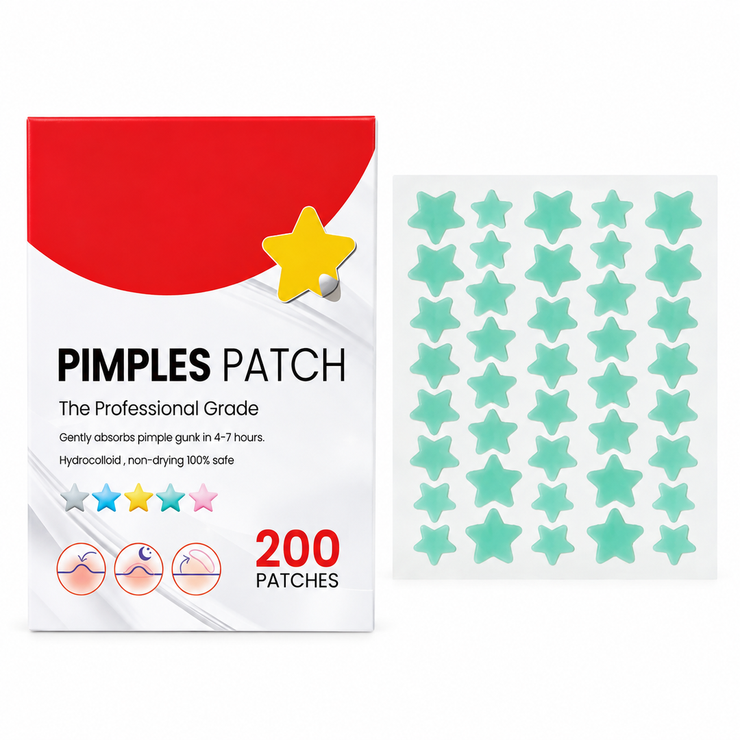 Front view of the red and white 200-patch box beside a mint green sheet of star-shaped stickers on a white studio background.