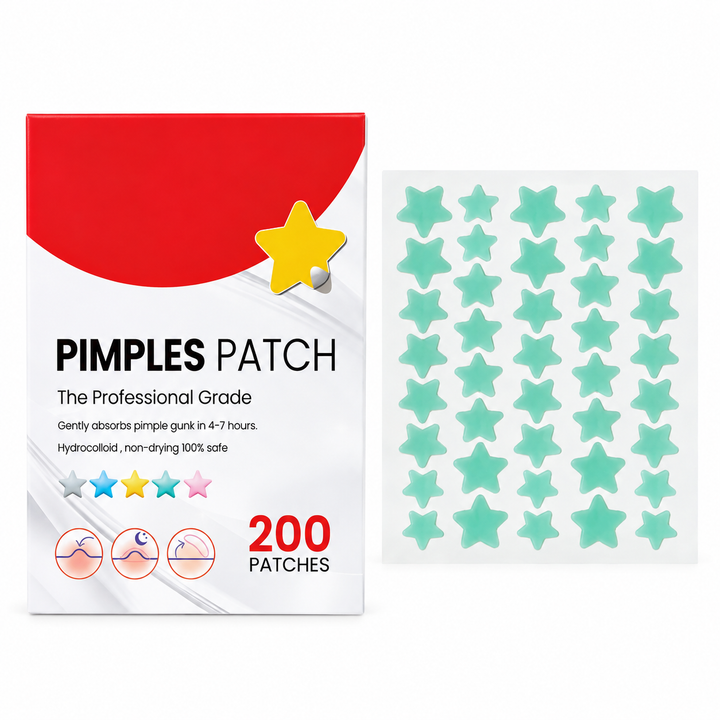 Front view of the red and white 200-patch box beside a mint green sheet of star-shaped stickers on a white studio background.