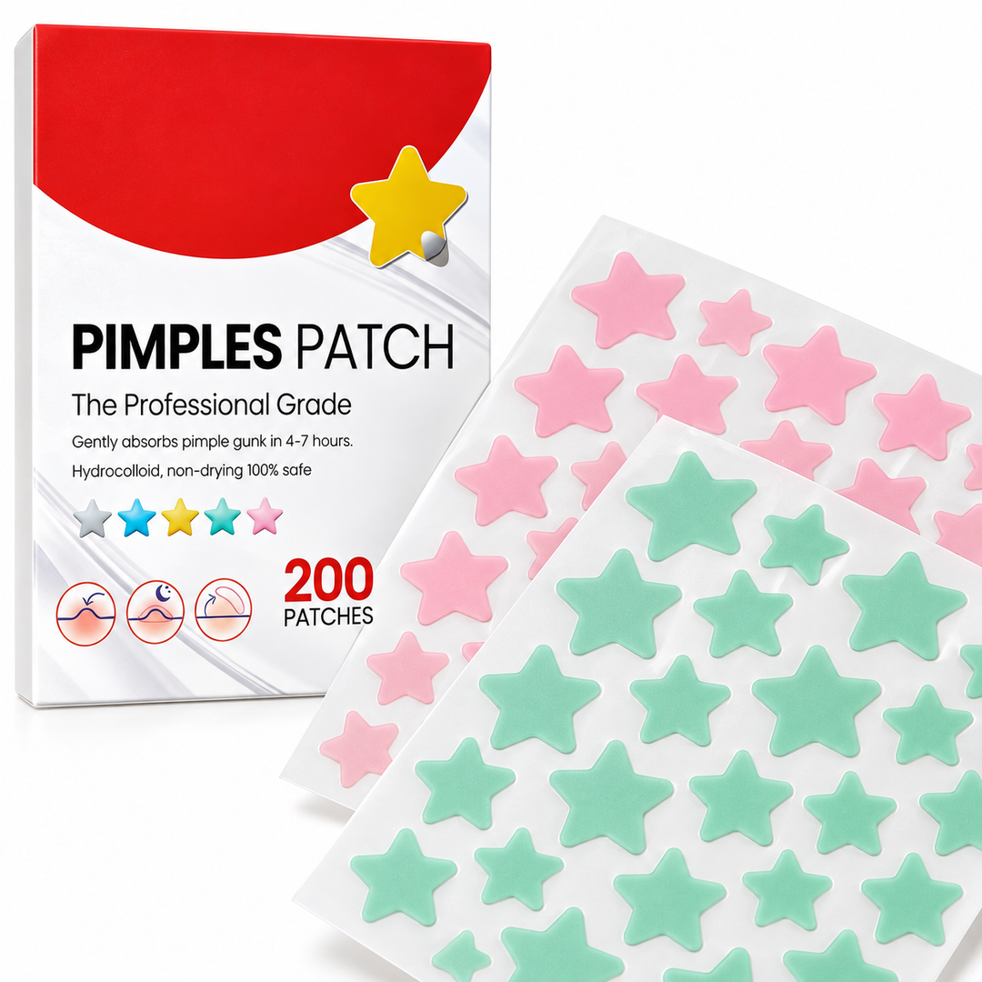 Close view of pink and mint star patches on release sheets beside the original red and white box on a white photo background.