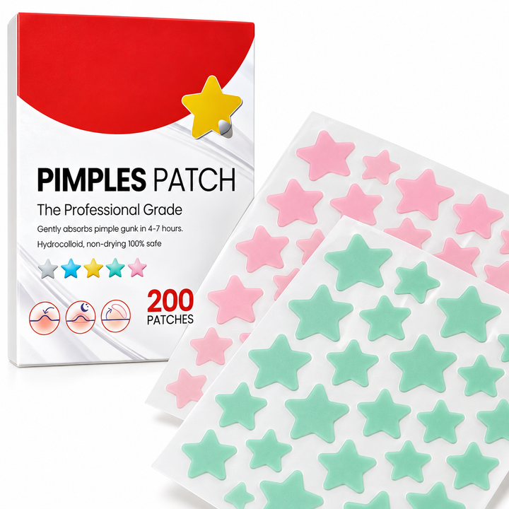 Close view of pink and mint star patches on release sheets beside the original red and white box on a white photo background.