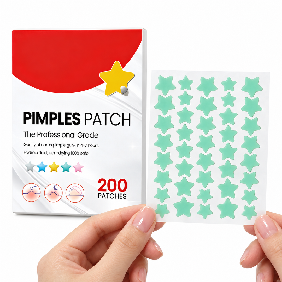 Hands holding a small mint green star patch sheet in front of the red and white product box against a clean white background.