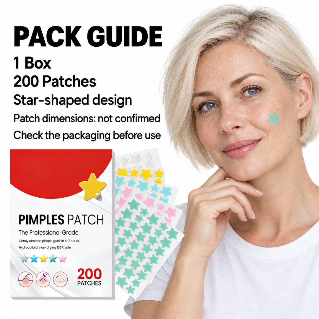 Pack guide showing a single box with 200 star patches, a woman and a note that individual patch dimensions are not confirmed.