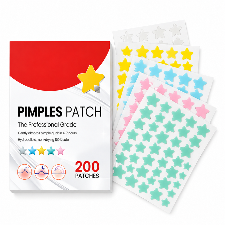 Red and white 200-patch box with sheets of colorful star-shaped stickers arranged in one group as the single box pack option.