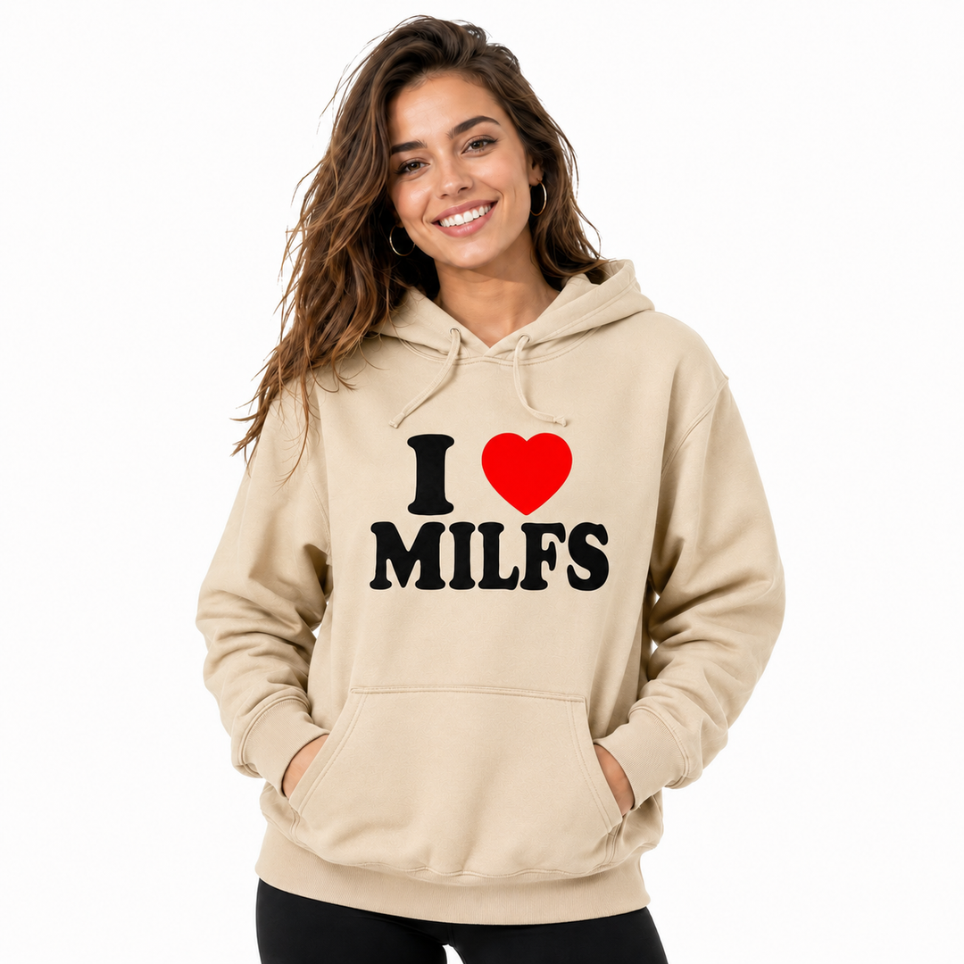 Khaki graphic hoodie on adult female model, front studio view on white background with hood, pocket and printed chest design.