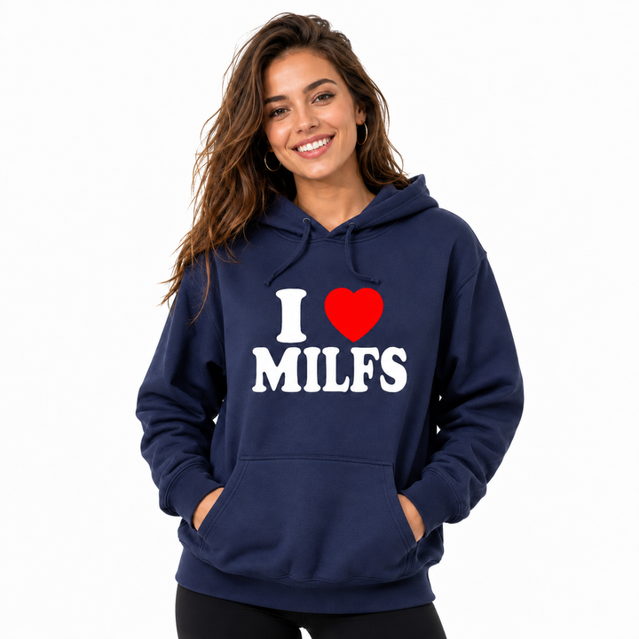 Navy blue graphic hoodie on adult female model, front studio view on white background with hood, pocket and printed chest design.