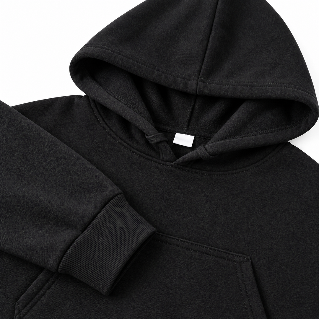Black hoodie hood, cuff, pocket and stitching details