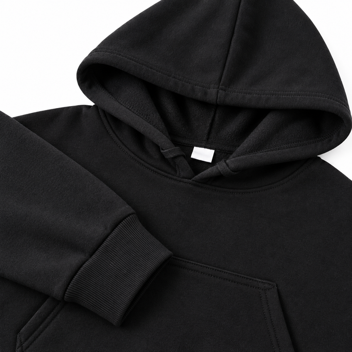 Black hoodie hood, cuff, pocket and stitching details