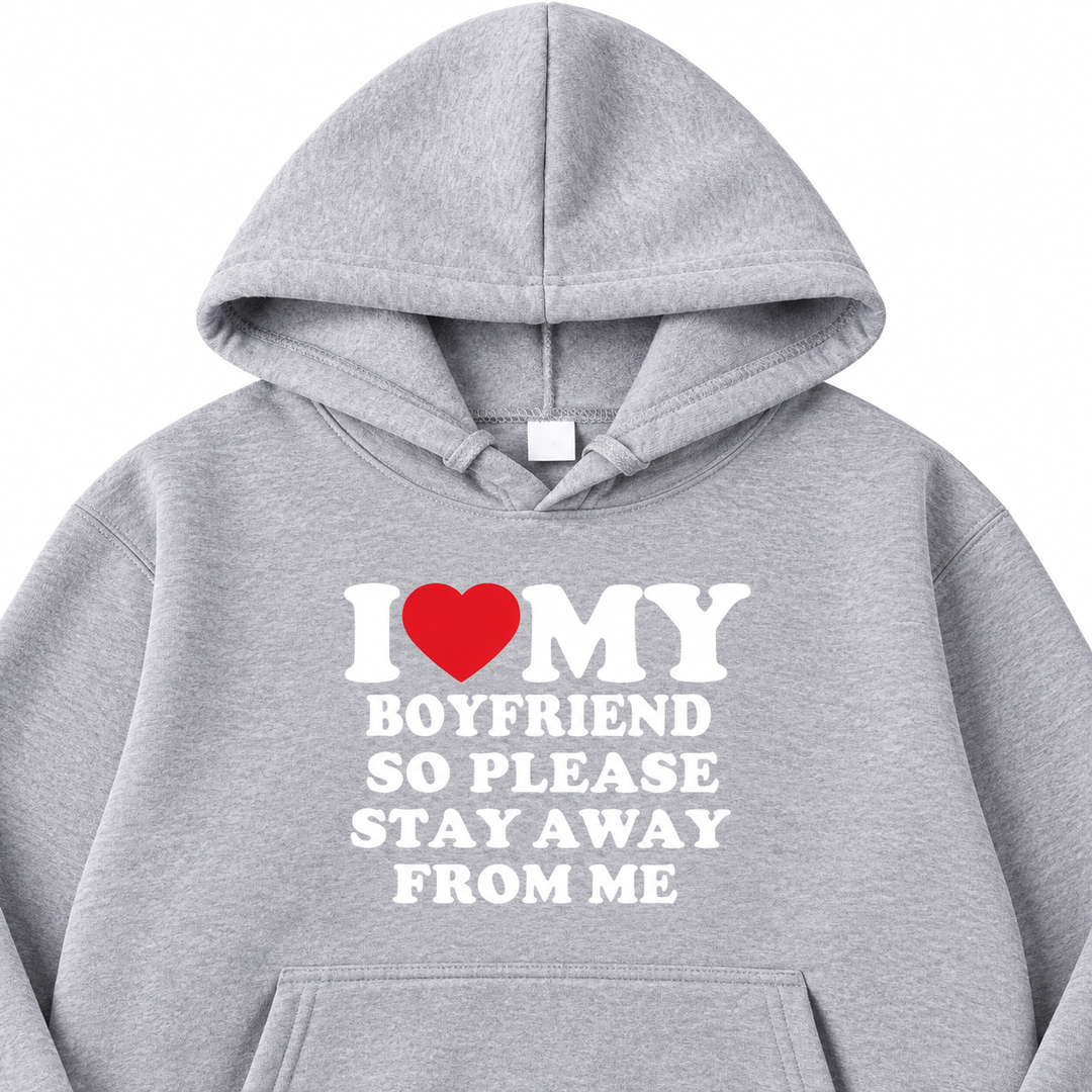 Grey boyfriend quote hoodie chest print and fabric detail