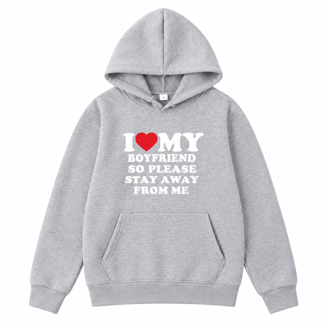 Grey boyfriend quote hoodie front product view on white background