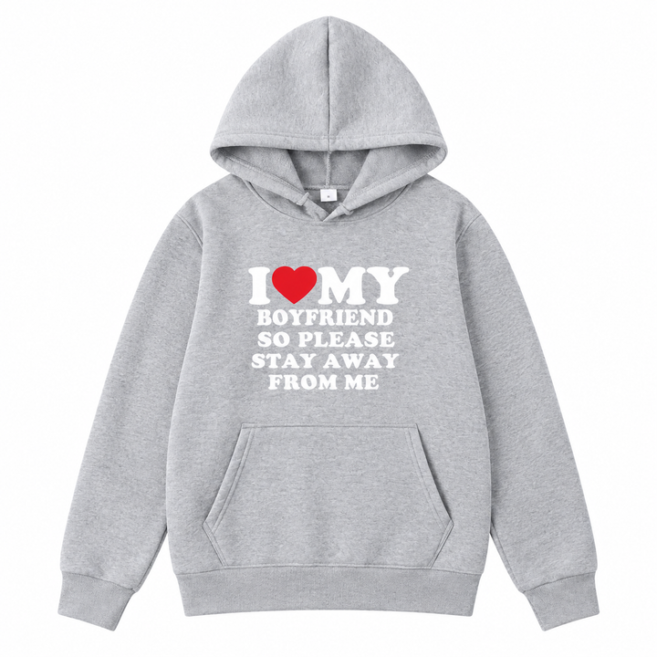 Grey boyfriend quote hoodie front product view on white background