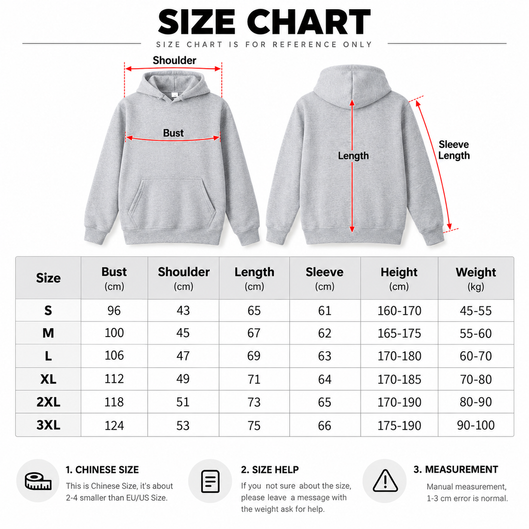 Size chart for boyfriend quote hoodie with S to 3XL measurements