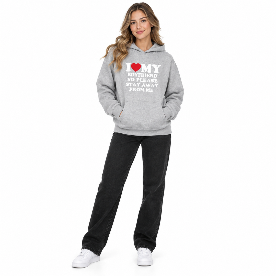 Woman wearing grey I Love My Boyfriend hoodie on white background