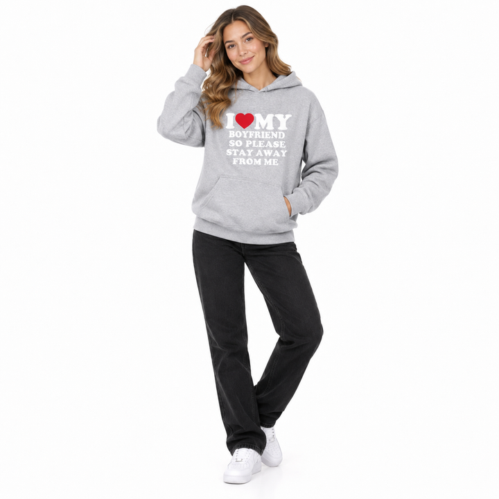 Woman styling grey boyfriend quote hoodie with black jeans and white sneakers