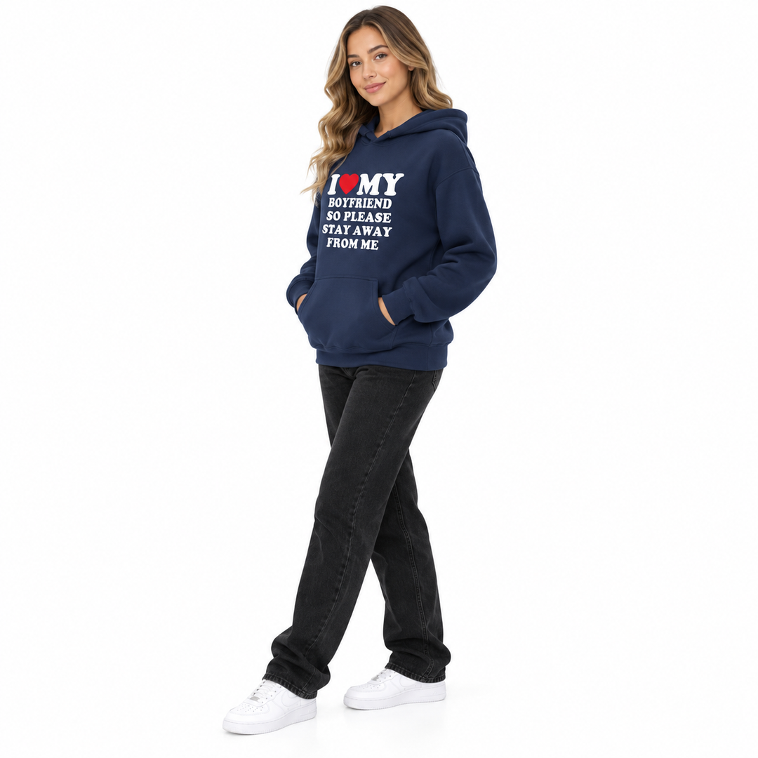 Woman wearing navy I Love My Boyfriend hoodie in three-quarter view