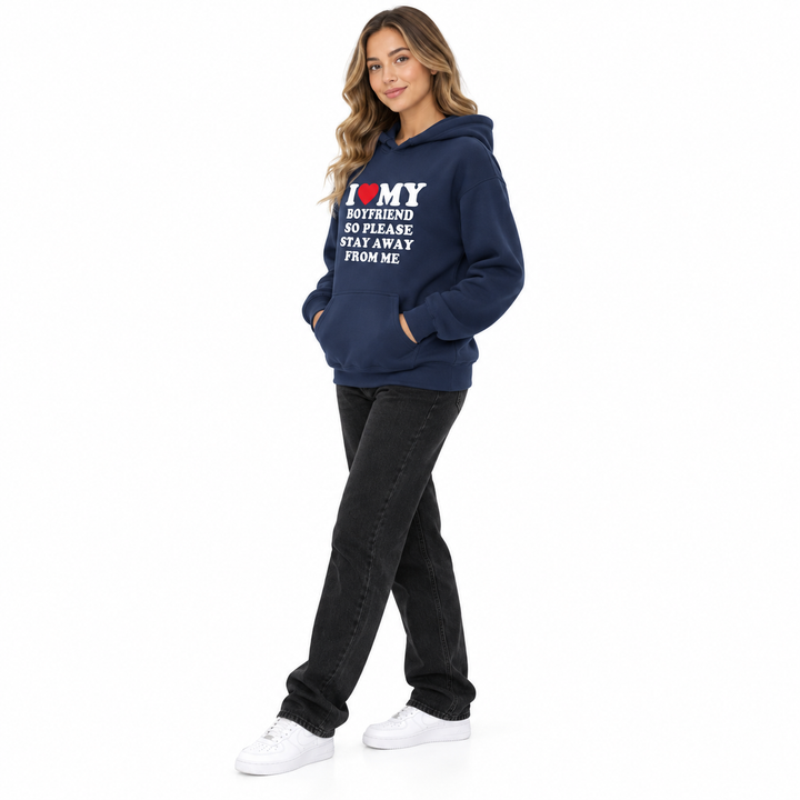 Woman wearing navy I Love My Boyfriend hoodie in three-quarter view