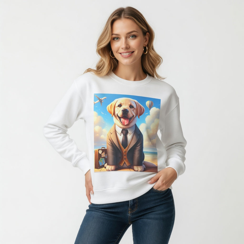 Cute dog sweatshirt with playful suit illustration on a soft crewneck pullover