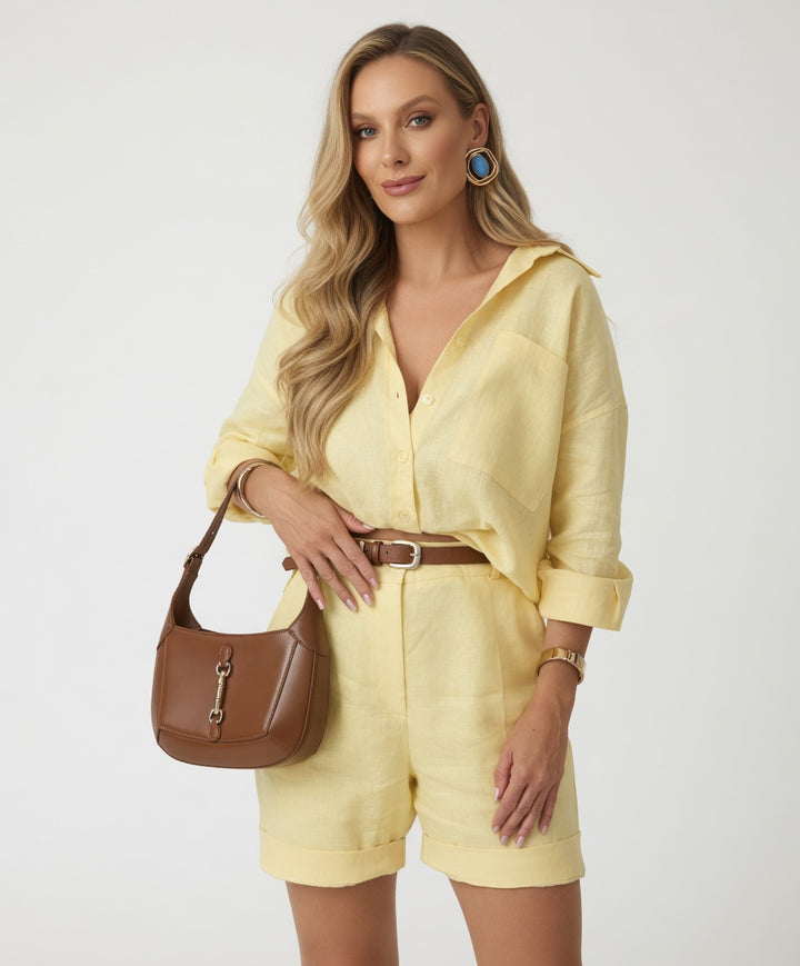 Yellow linen pants and shirt set womens — close-up of waistband and fabric texture showing soft cotton quality
