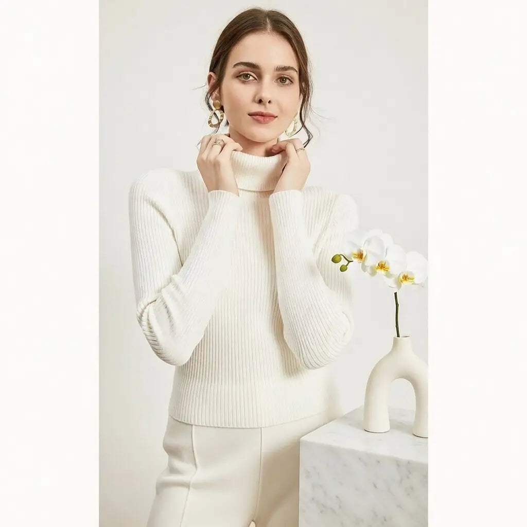 viscose slim fit turtleneck sweater slim silhouette front view neutral background