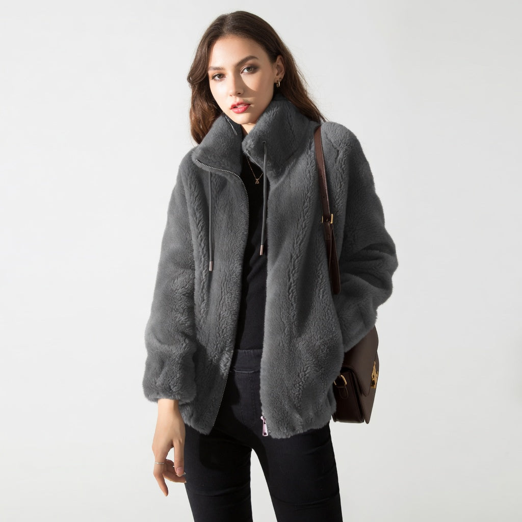 Women Fleece Cardigan Warm Double Fleece High Neck Coat