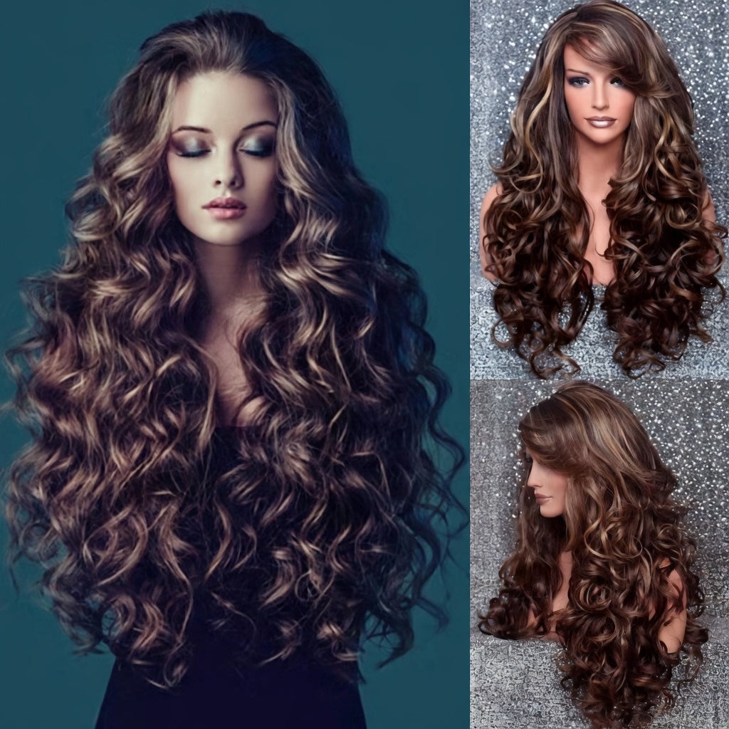 Long Curly Big Wave Wig - Rose Net Oblique Bangs, Women