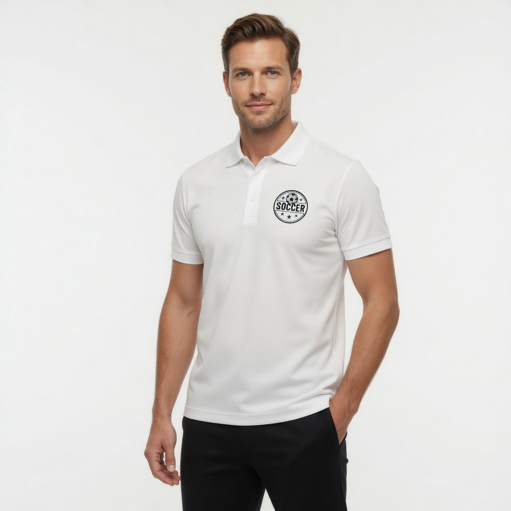 Men's soccer polo shirt in white with blue trim, worn by male model on outdoor field
