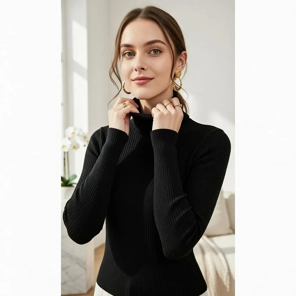 Viscose Slim Fit Turtleneck Sweater for Women Thick Knit
