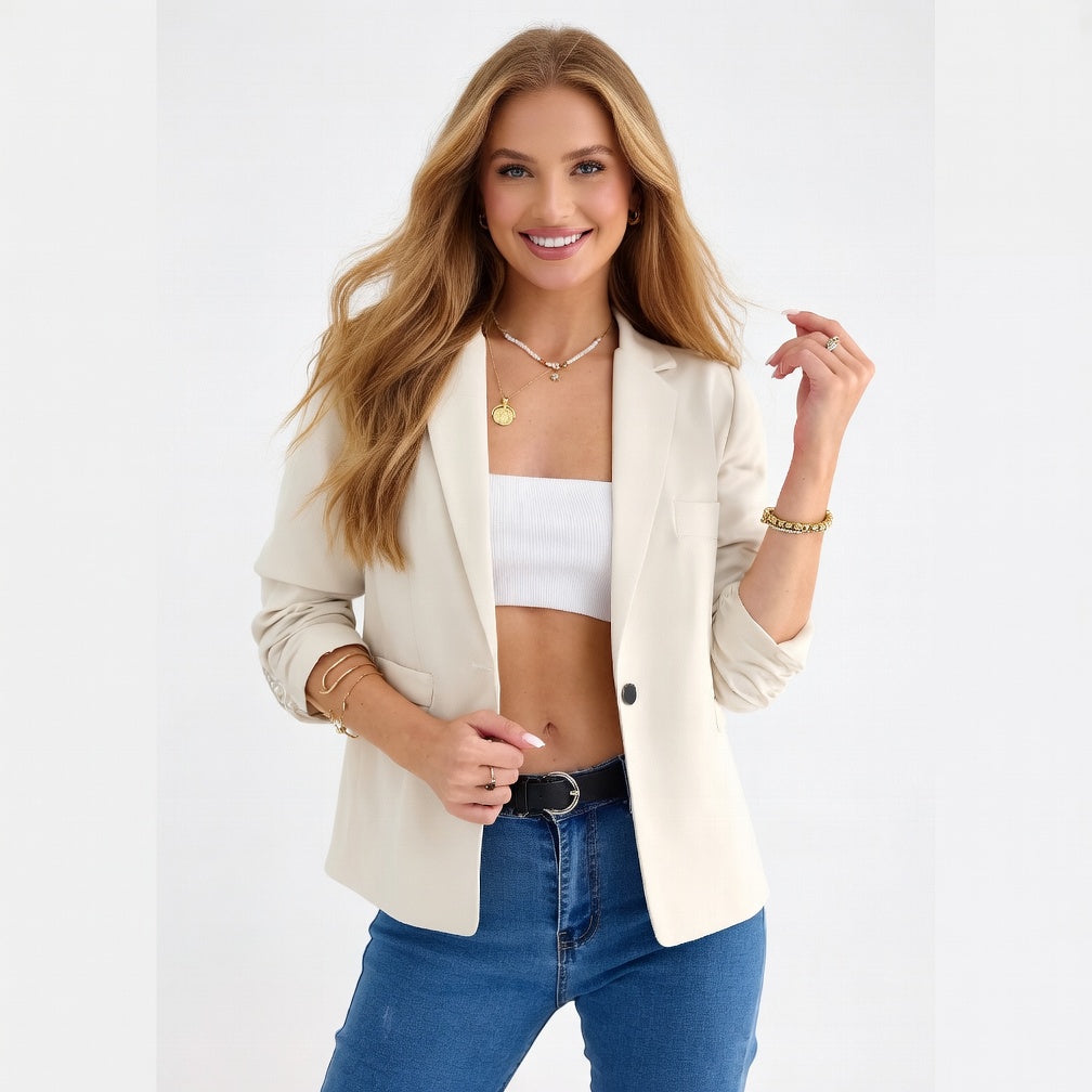 Women's three quarter sleeve blazer in sapphire blue, slim fit office style