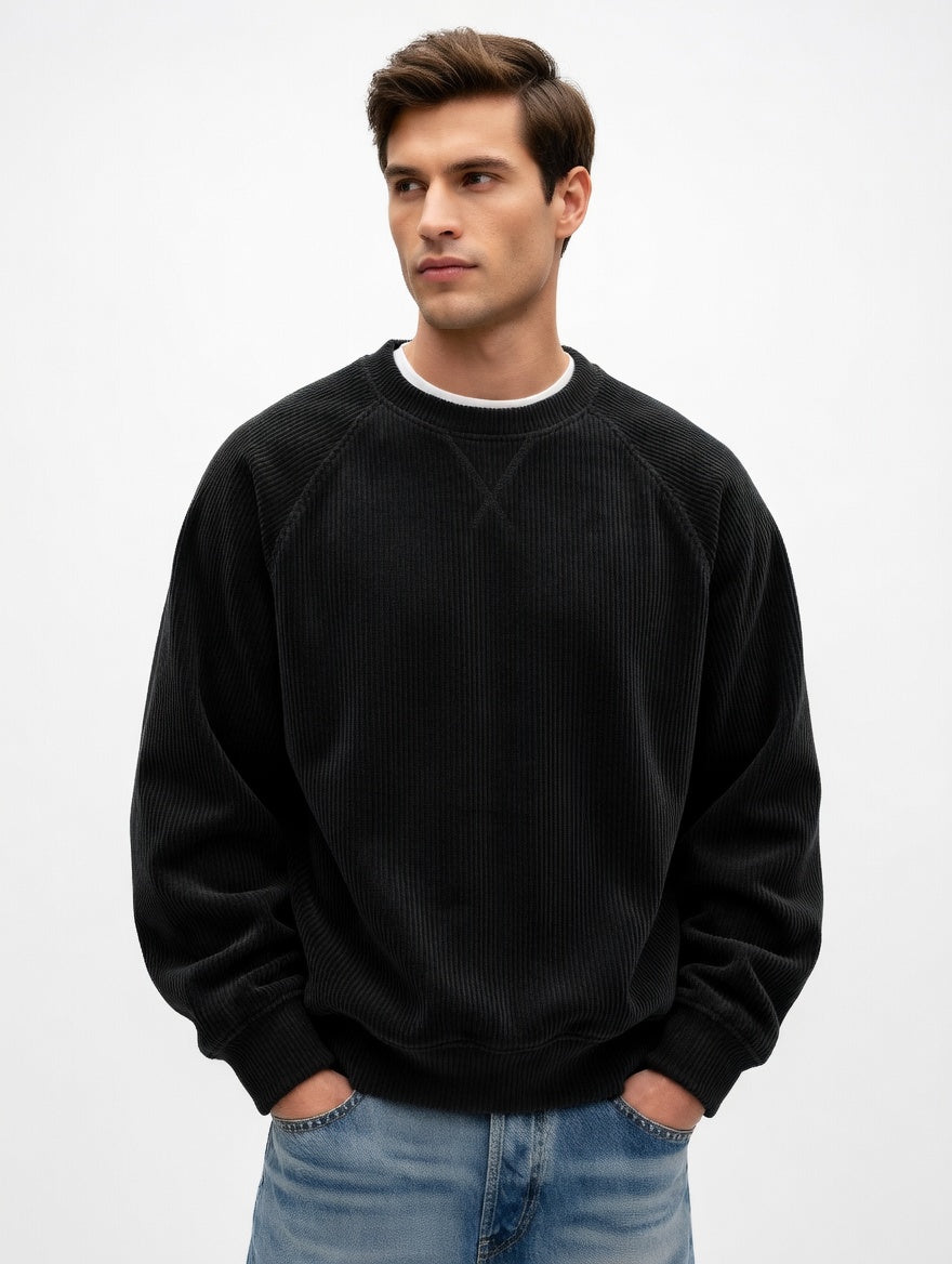 Black oversized knit sweatshirt for men - loose fit casual style
