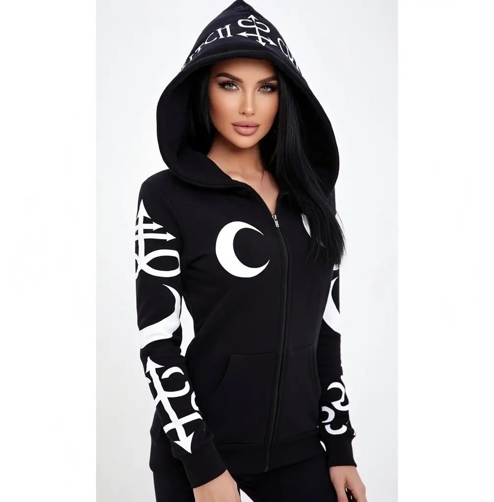 Explosive Punk Moon Print Hoodie Women Gothic Zip Jacket