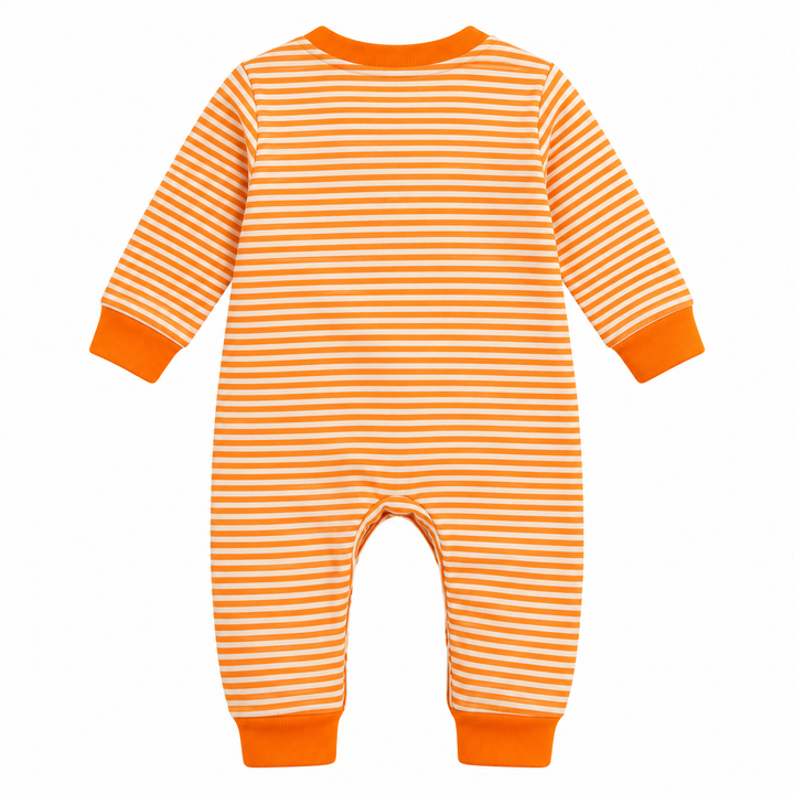 Orange striped baby jumpsuit isolated back view