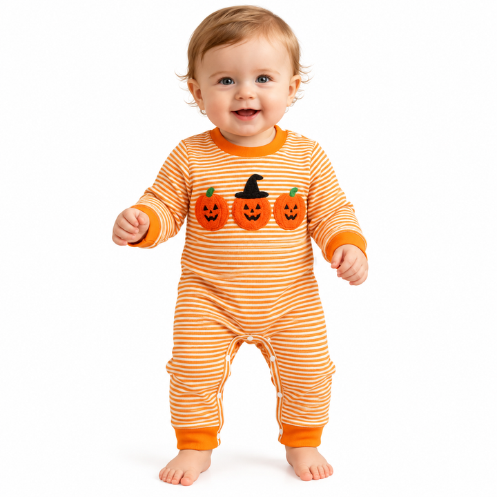 Infant Halloween outfit in orange stripes with pumpkin graphic, full front model view