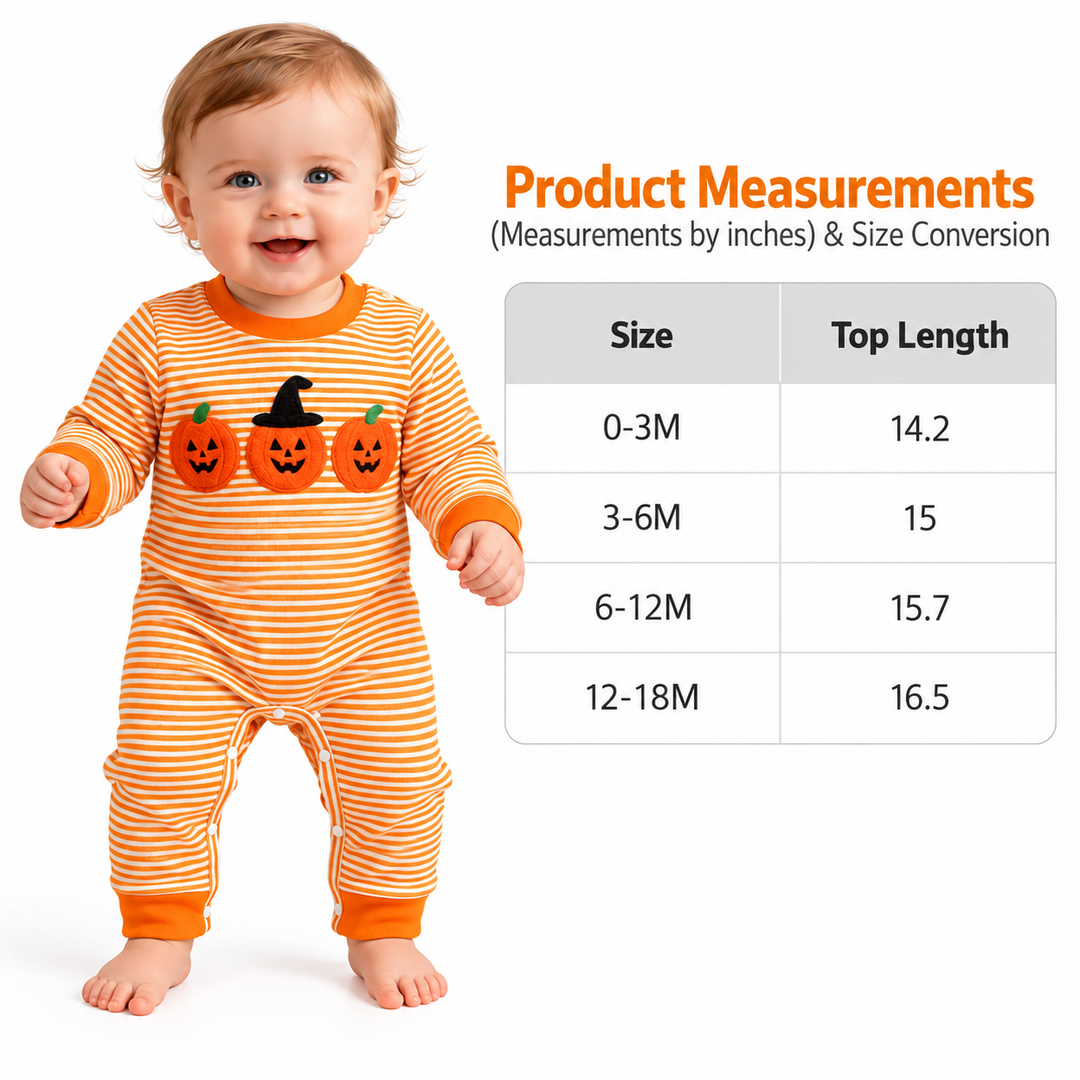 Infant Halloween outfit size chart with top length for 0-3M through 12-18M