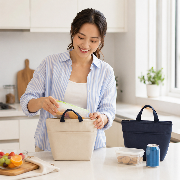 Insulated bento lunch bag in cream shown with a woman packing a meal container in a bright modern kitchen for daily use photo