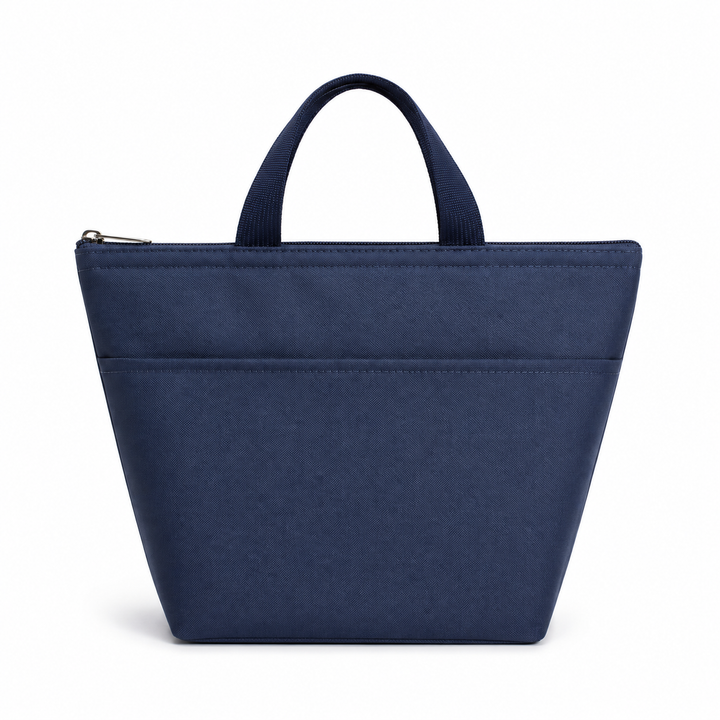 Insulated bento lunch bag in navy blue, front view on white background with zip top, short handles and front slip pocket shot
