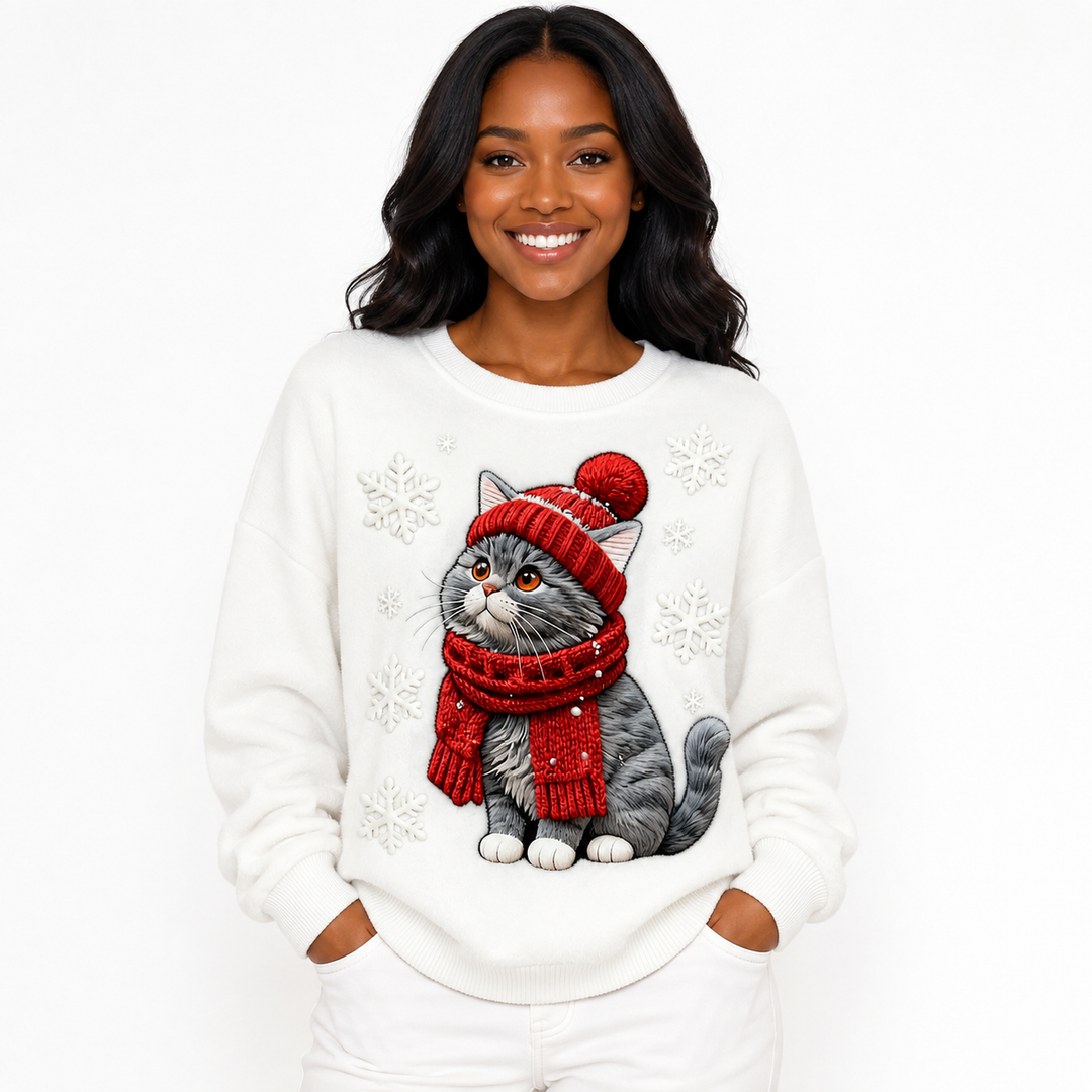 Ivory Christmas sweater with cat in red scarf - hero model view