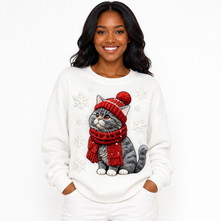 Ivory Christmas sweater with cat in red scarf - hero model view