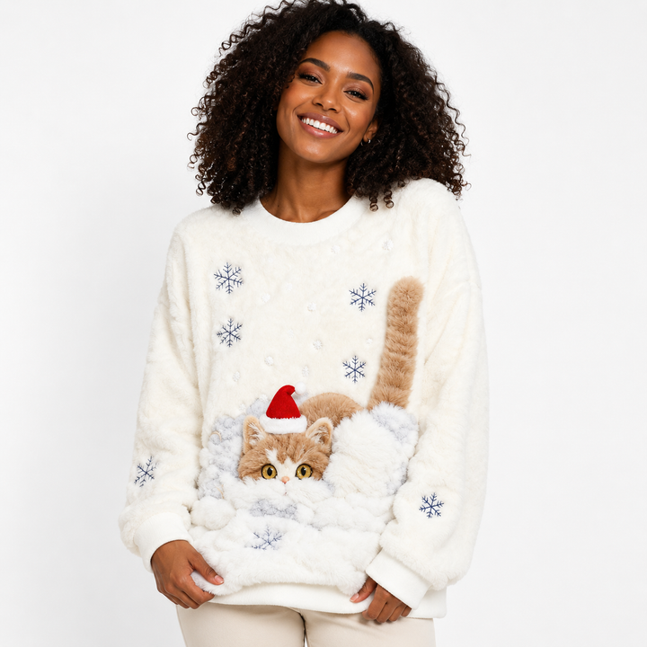 Ivory cat in snow Christmas sweater - front model view with plush texture