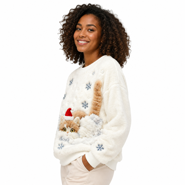 Ivory Christmas cat sweater - side model view showing relaxed fit