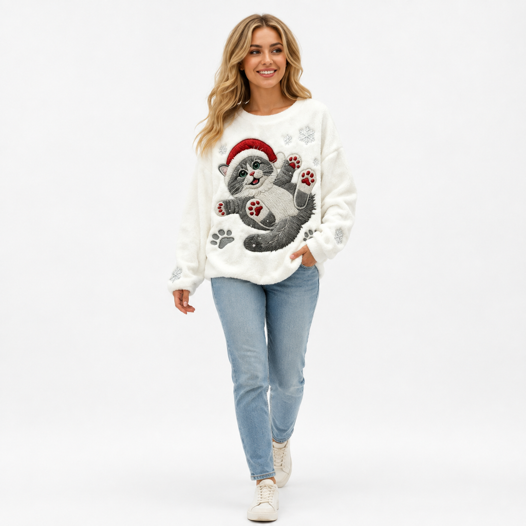 Ivory Santa Paws Christmas sweater - full length walking model view