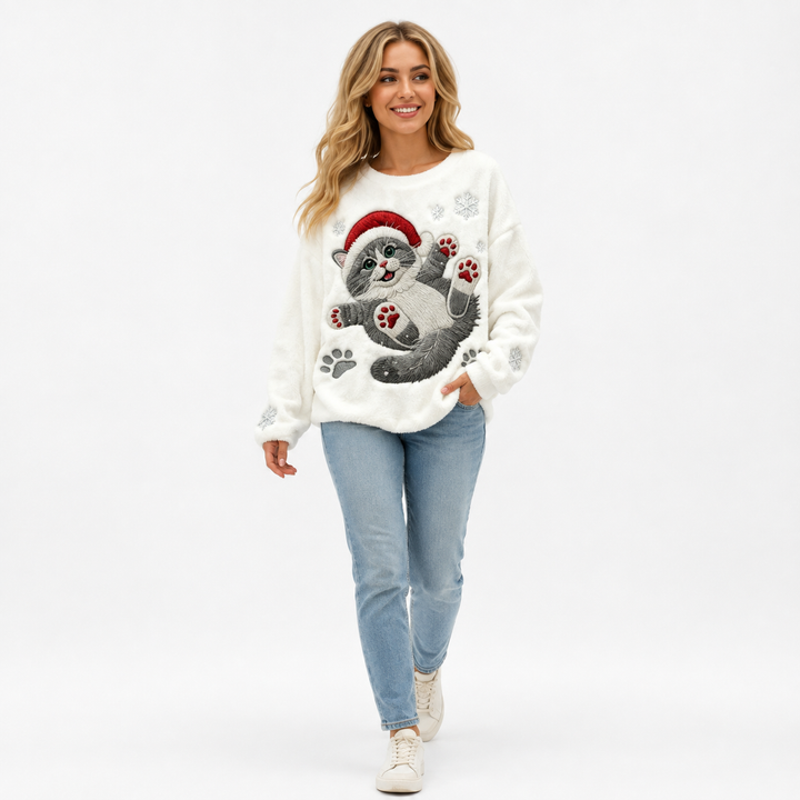 Ivory Santa Paws Christmas sweater - full length walking model view