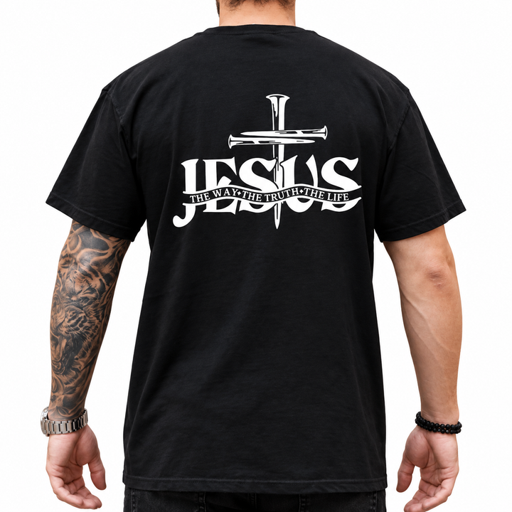 Jesus Christ shirt for men with white cross and JESUS back graphic shown on a black T-shirt against a white studio background.