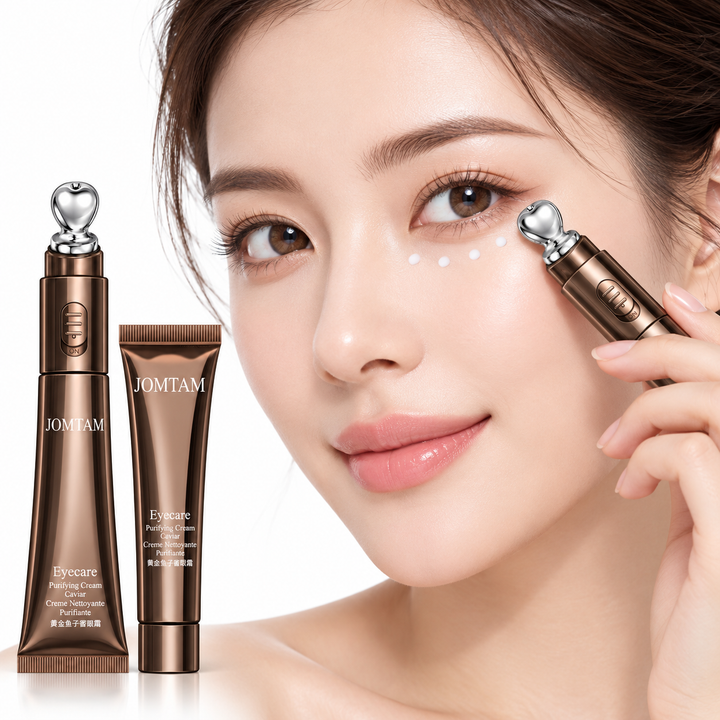 Model applying product under the eye with the silver applicator