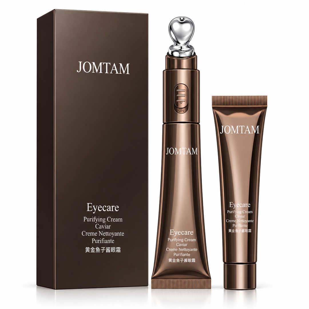 Golden Caviar eye cream set with applicator, refill tube and box on white background