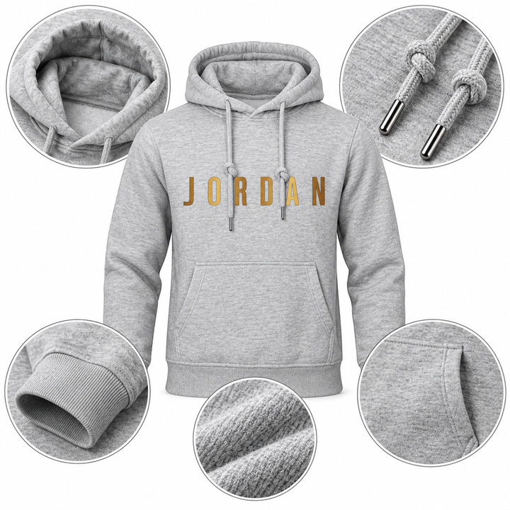 Light gray hoodie detail view with hood, drawstrings, cuff, pocket and knit texture