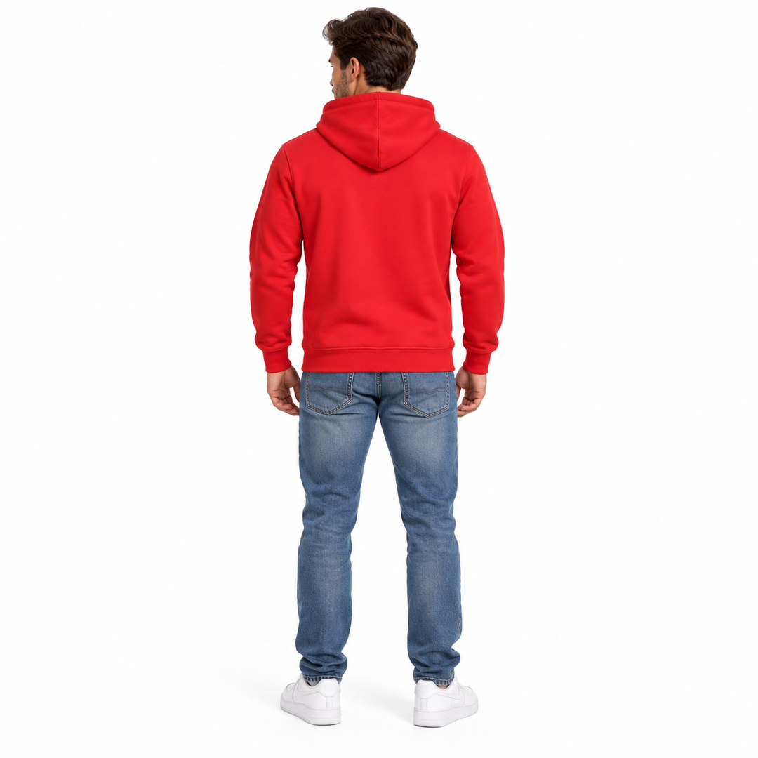 Red pullover hoodie back view on male model with hood and ribbed hem