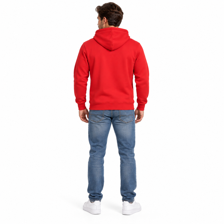 Red pullover hoodie back view on male model with hood and ribbed hem