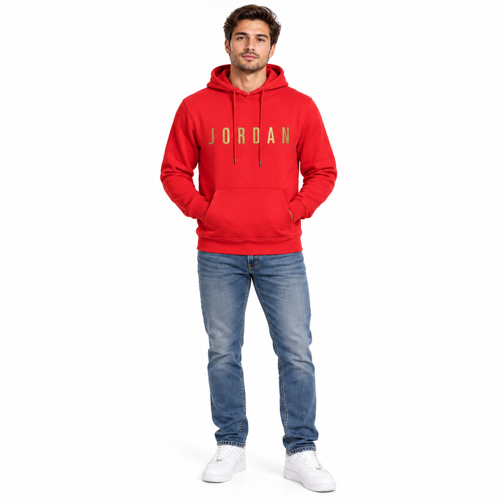 Jordan hoodie for men in red with gold lettering, full-body front view