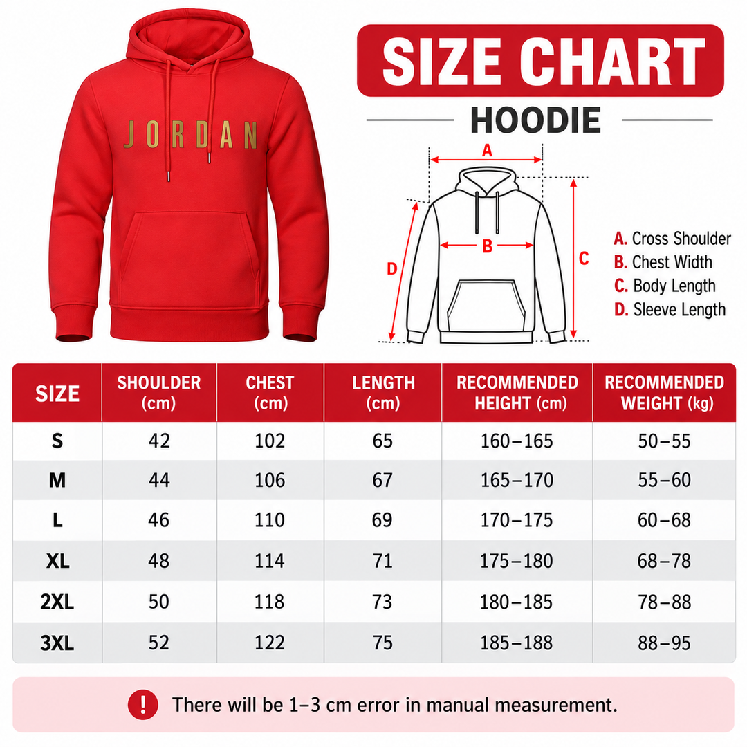 Jordan hoodie size chart S to 3XL with shoulder, chest, length, height and weight