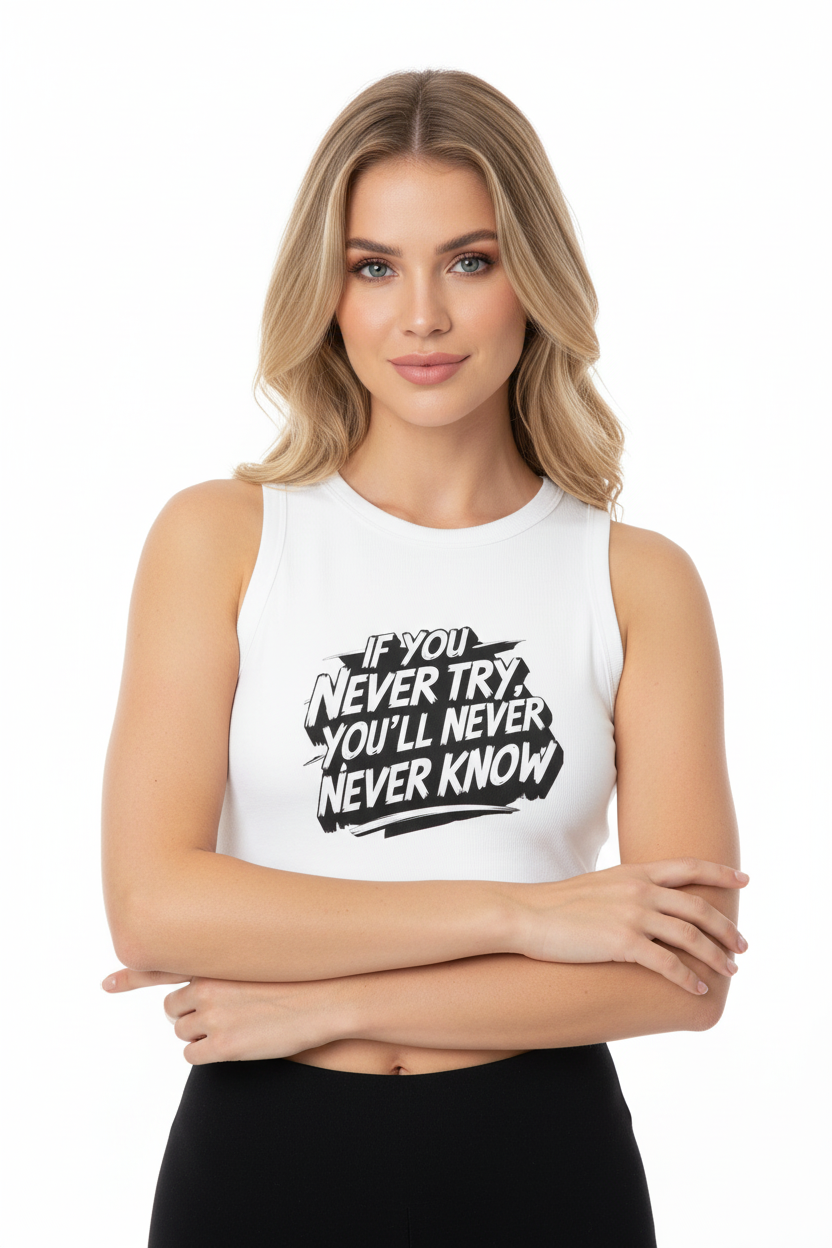 Women’s inspirational workout tank folded flat on a neutral background